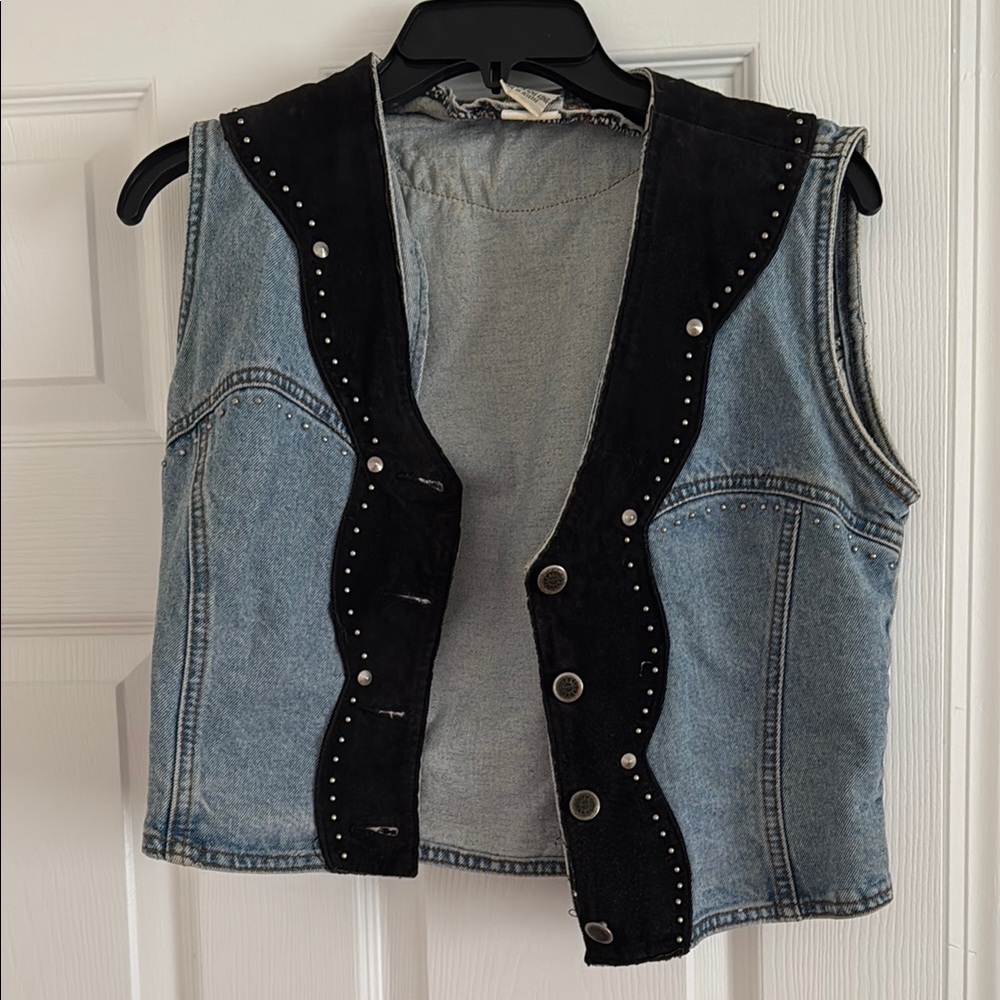 Denim and Black Suede Vest with Stud Accents